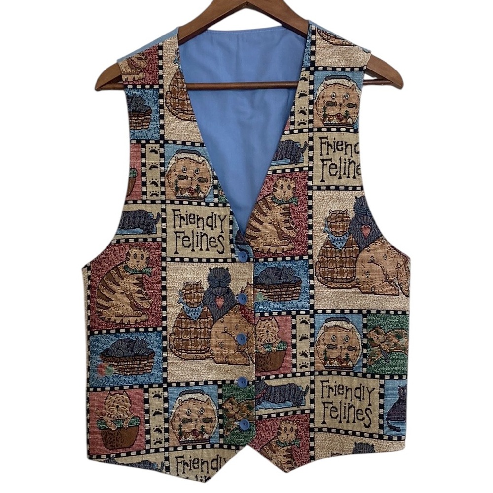 Handmade Tapestry Vest Womens Large Beige Blue Cats Kittens 90s Mom Waistcoat